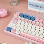 Pure Heartbeat PBT Keycap Set, multiple angles. Highlights durable PBT, crisp dye-sub legends, and ergonomic comfort with a serene, ethereal aesthetics.