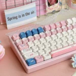 Pure Heartbeat PBT Keycap Set, viewed from different angles, emphasizes durable PBT, crisp dye-sub legends, and serene ergonomic comfort.