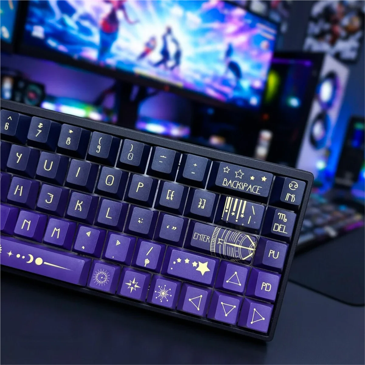 Star Spectrum Cherry Keycap Set. Translucent side-printed legends emit an ethereal cosmic glow. Premium PBT for minimalist keyboards.