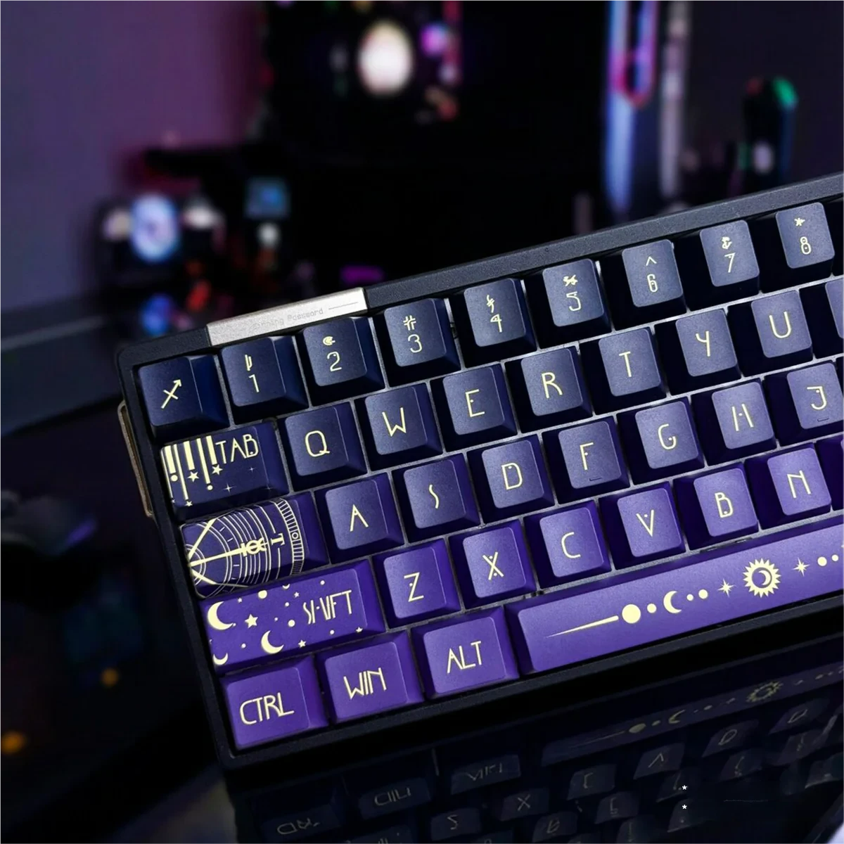 Star Spectrum Cherry Keycap Set. Multiple angles reveal ethereal cosmic design and subtle glowing side-printed legends. Translucent PBT design.