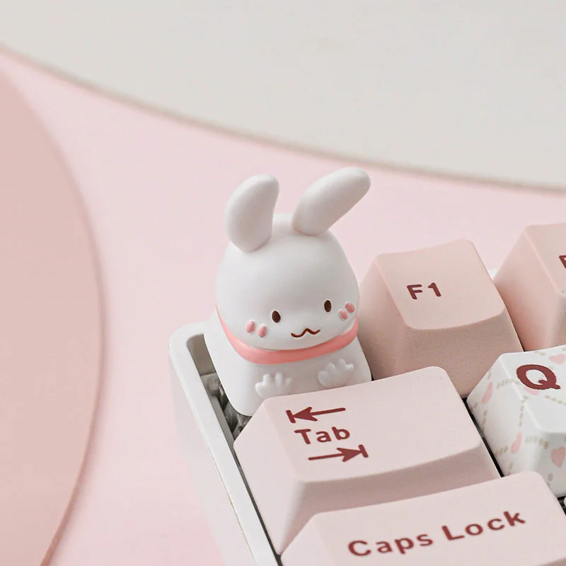 A collection of whimsical Pet Cafe ESC keycaps, presented from various angles, featuring adorable artisan rabbit, cat, and Shiba Inu characters in charming setup.