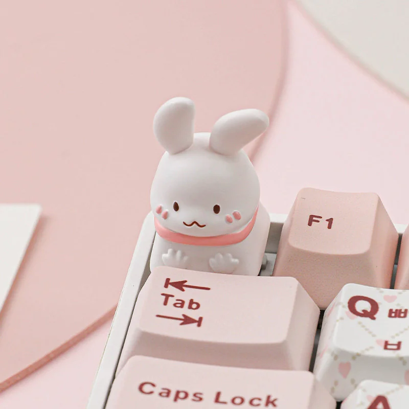 Detailed images of the whimsical Pet Cafe ESC keycap, revealing adorable artisan rabbit, cat, and Shiba Inu designs from every delightful perspective.