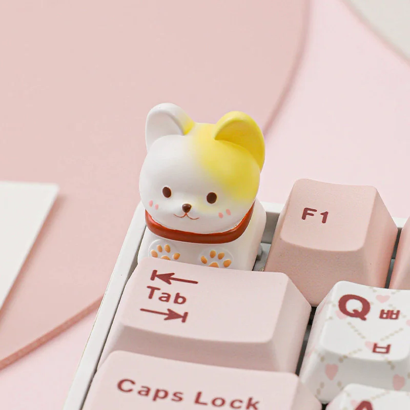 Whimsical Pet Cafe ESC keycaps showcasing adorable artisan rabbits, cats, and Shiba Inu in charming cafe scenes from multiple playful angles.