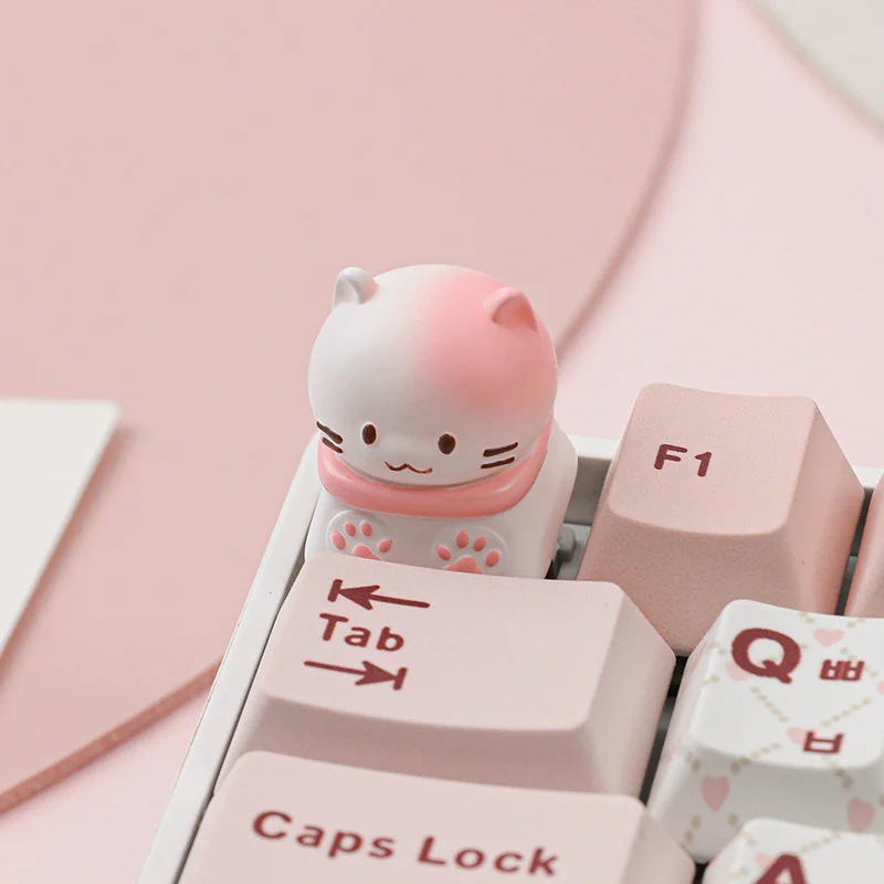 Detailed product gallery of the whimsical Pet Cafe ESC Keycaps, showcasing each adorable artisan rabbit, cat, and Shiba Inu charm from unique angles.