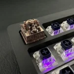 Close-up of the handcrafted skull keycap, showcasing its intricate ancient Egyptian pharaoh punk design and dark, rebellious aesthetic from a unique design.