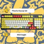 Vibrant yellow Pikachu MOA profile keycap set shown from multiple angles, highlighting its iconic character and playful electric charm for custom keyboard.