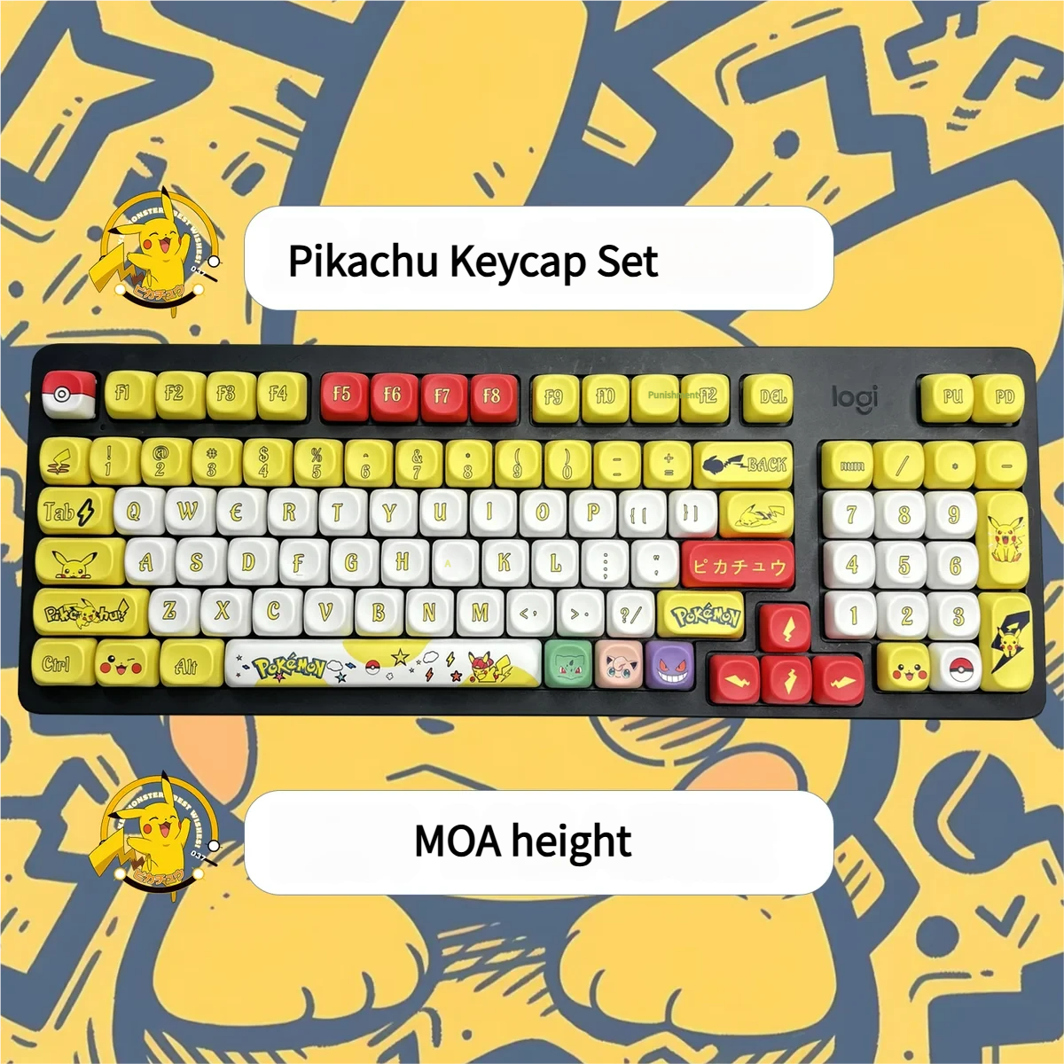 Vibrant yellow Pikachu MOA profile keycap set shown from multiple angles, highlighting its iconic character and playful electric charm for custom keyboard.