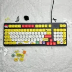 Vibrant yellow Pikachu MOA profile full keycap set, shown from multiple angles, highlights its iconic electric charm for personalized keyboards.