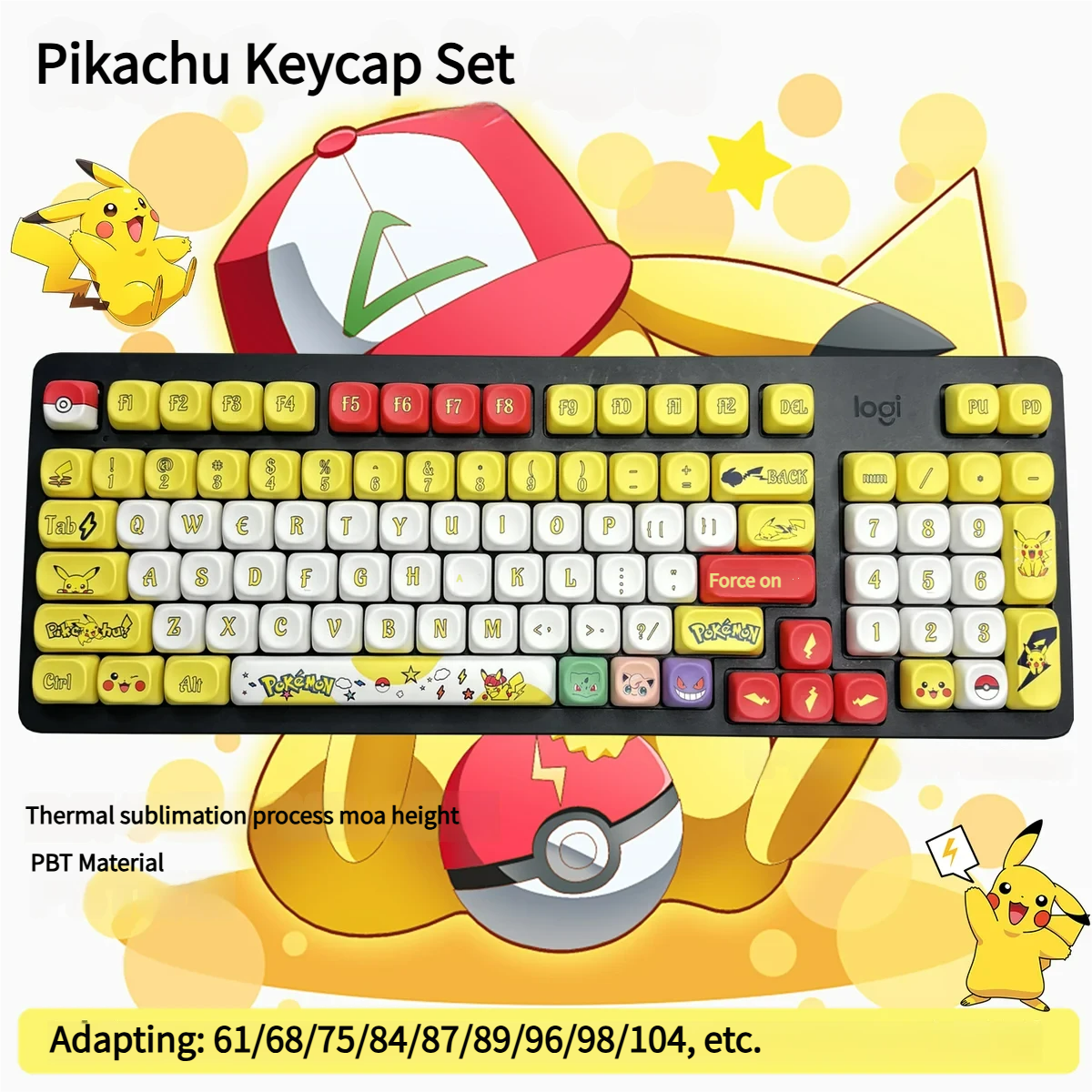 Iconic Pikachu MOA profile full keycap set displayed. These vibrant yellow Pikachu keycaps bring playful electric charm to any keyboard setup.