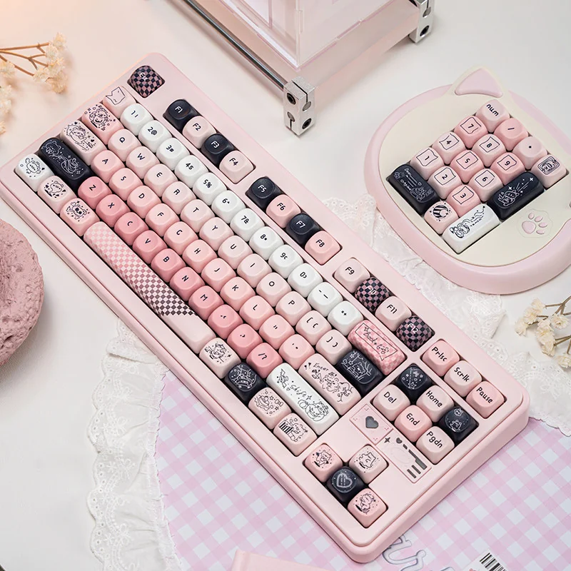 Adorable Pink Bear PBT MOA keycap set from multiple angles, highlighting the whimsical line art bear and soft pastel pink PBT for a cute desktop.