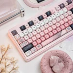 Detailed view of the Adorable Pink Bear PBT MOA Keycap Set, highlighting the whimsical line art bear and soft pastel pink PBT for a charming design.