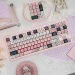 Adorable Pink Bear PBT MOA Keycap Set, showcasing soft pastel pink keycaps with cute minimalist line art bear designs for a whimsical desktop.