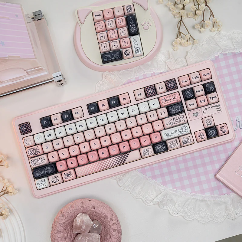 Adorable Pink Bear PBT MOA Keycap Set, showcasing soft pastel pink keycaps with cute minimalist line art bear designs for a whimsical desktop.