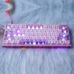 Iconic Miffy PBT dye-sub translucent keycaps set in a playful product gallery, featuring charming pink illustrations and side-printed legends from multiple angle.