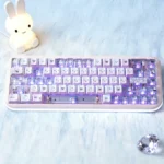 Playful Miffy PBT dye-sub translucent keycaps set with charming pink Miffy illustrations and crisp side-printed legends, shown from various angles.