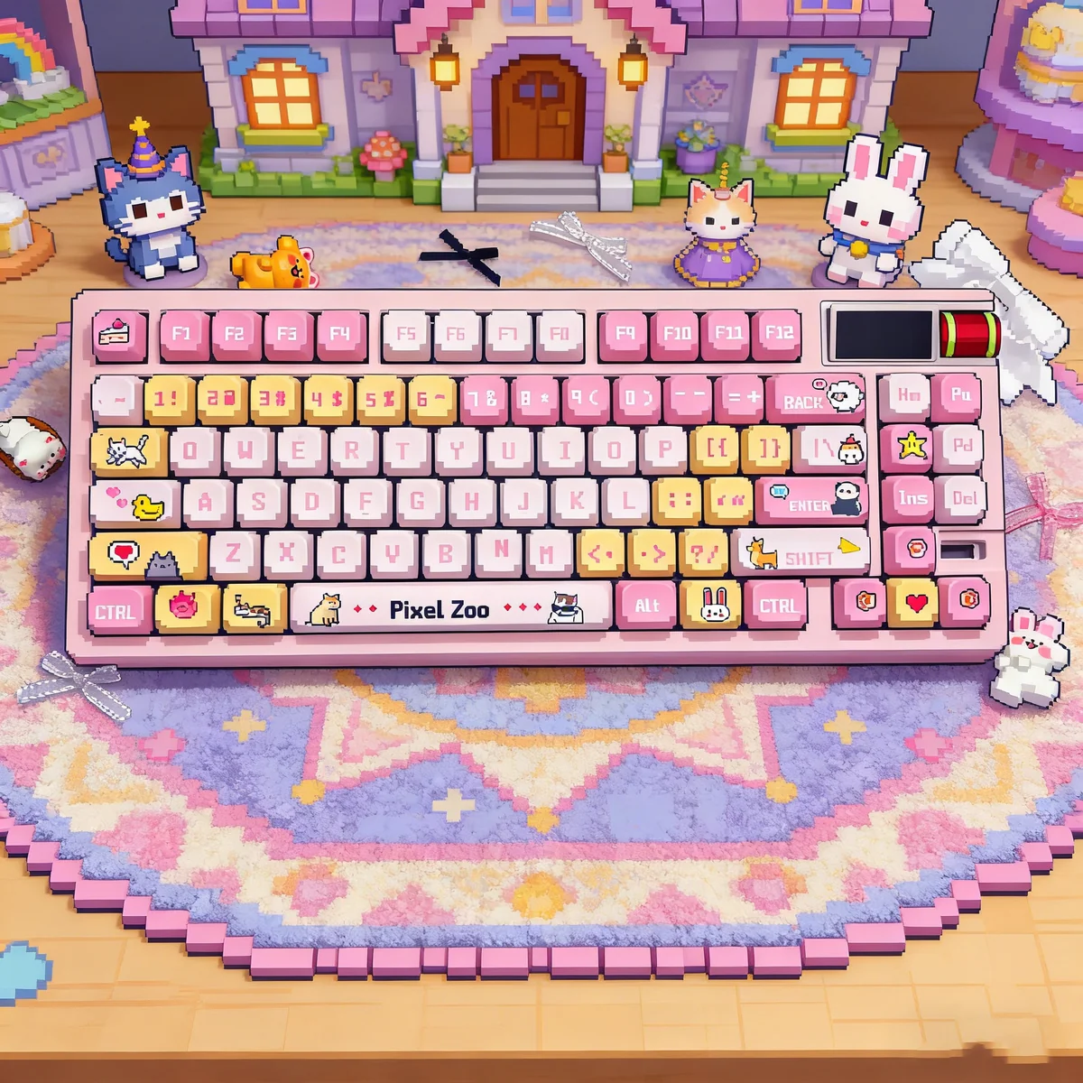 A playful collection of unique pixel zoo PBT keycaps showcasing various charming animal designs from different angles, highlighting their vibrant design.