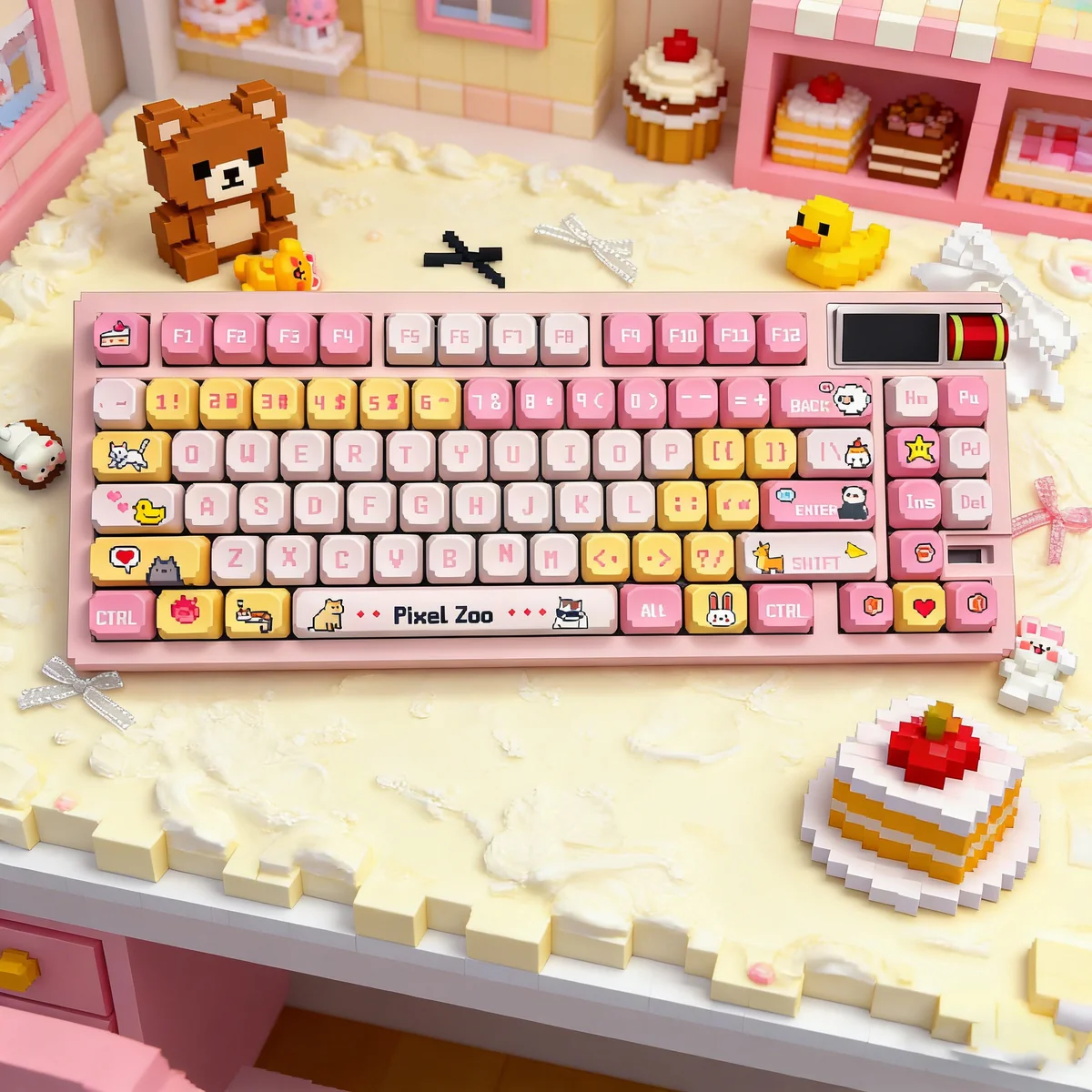 Unique Pixel Zoo PBT Keycap Set shown from various angles, displaying charming pixelated animal designs and a vibrant, playful retro gaming aesthetic.