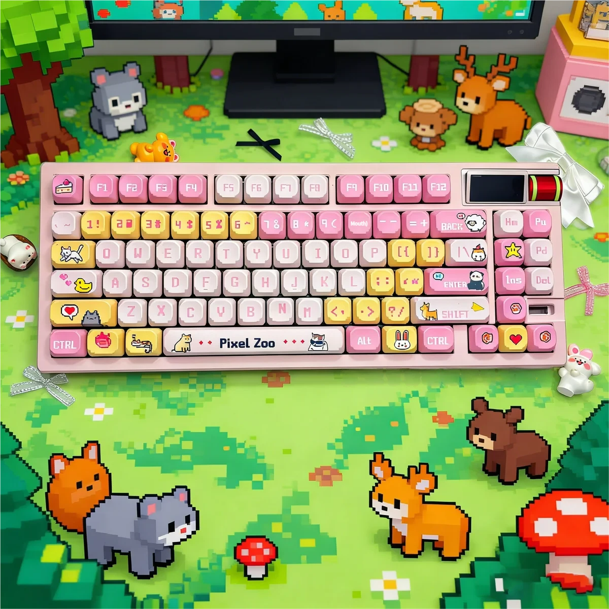 A detailed view of the unique Pixel Zoo PBT Keycap Set, highlighting charming pixelated animal designs and vibrant retro gaming aesthetic for playful design.