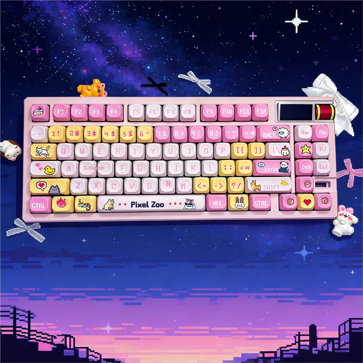Experience the playful retro charm of this unique Pixel Zoo PBT Keycap Set, showcasing various vibrant pixelated animal designs from multiple angles.