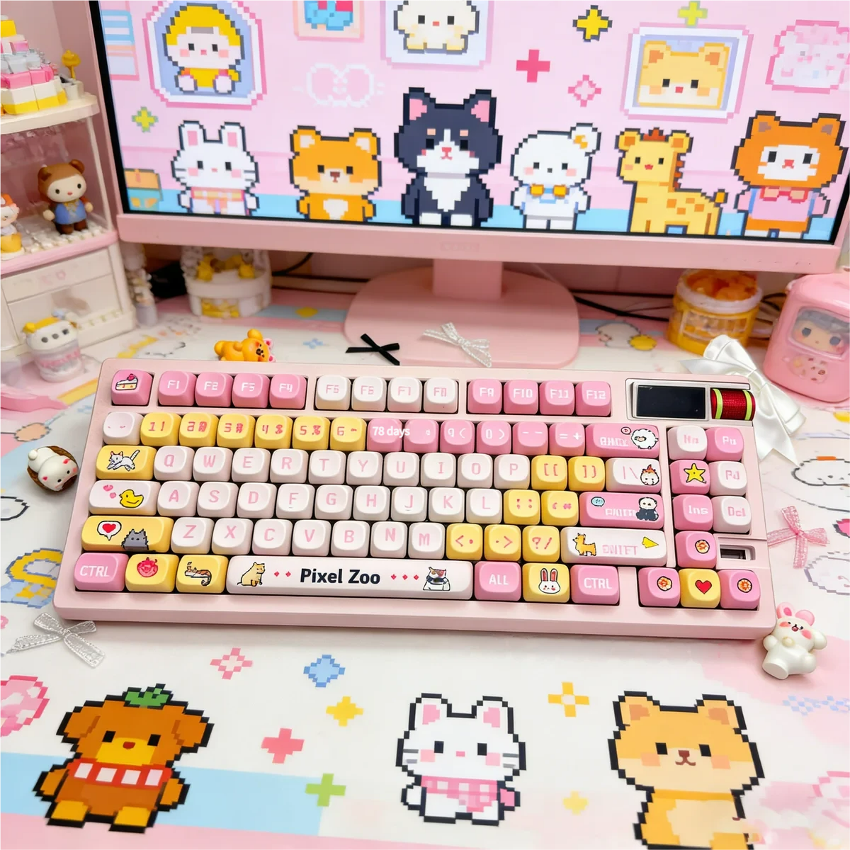 A playful and unique Pixel Zoo PBT Keycap Set for mechanical keyboards, featuring charming pixelated animal designs in a vibrant retro gaming style.