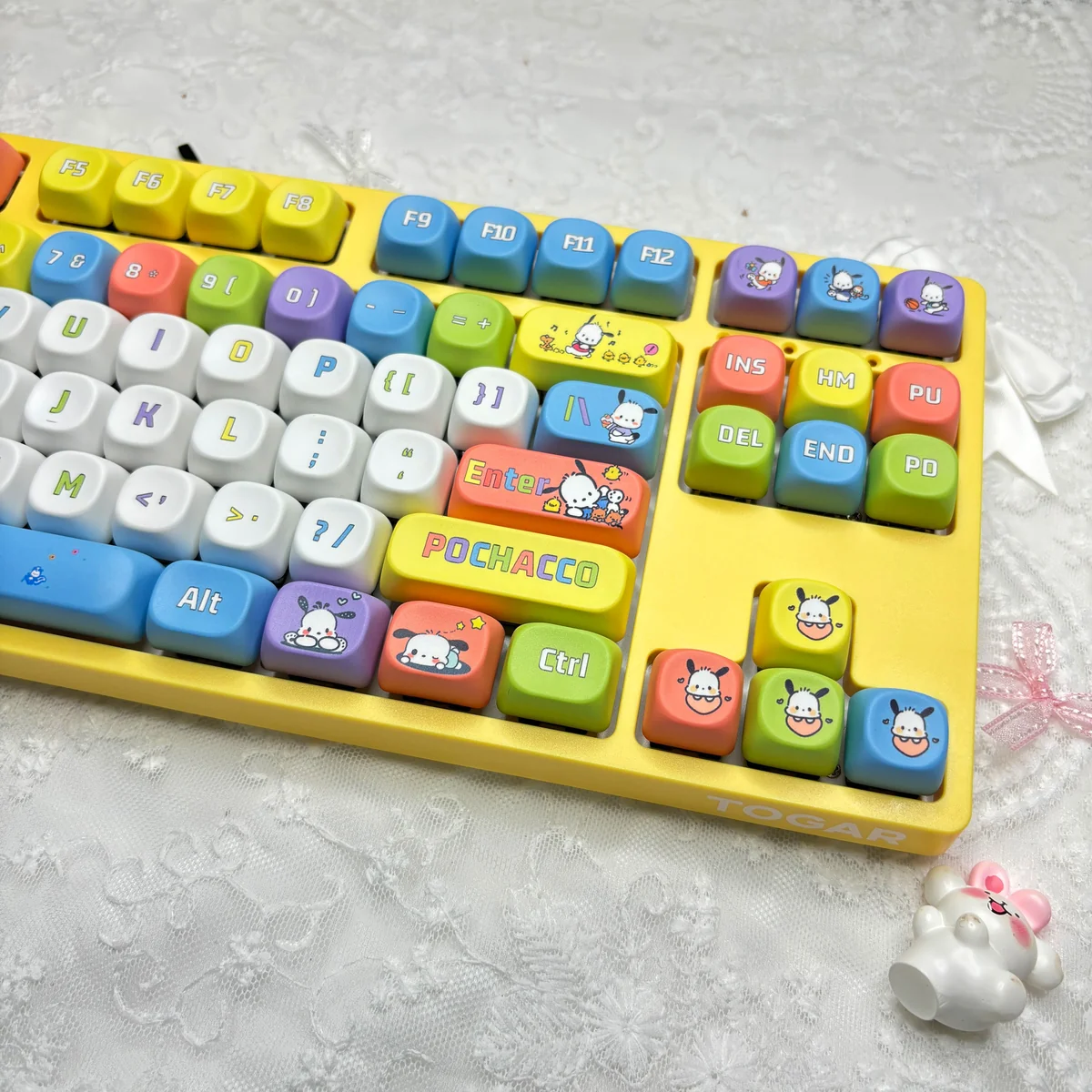 Playful Pochacco Sanrio PBT MOA keycap set displayed from multiple delightful angles, emphasizing their adorable charm and vibrant character details.