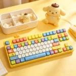 Multiple close-up views of the adorable Pochacco Sanrio PBT MOA keycap set, highlighting its charming character details and playful aesthetic from various angle.