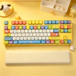 A delightful view of the adorable Pochacco Sanrio PBT MOA keycap set, highlighting its charming character designs and playful aesthetic from a new perspective view.