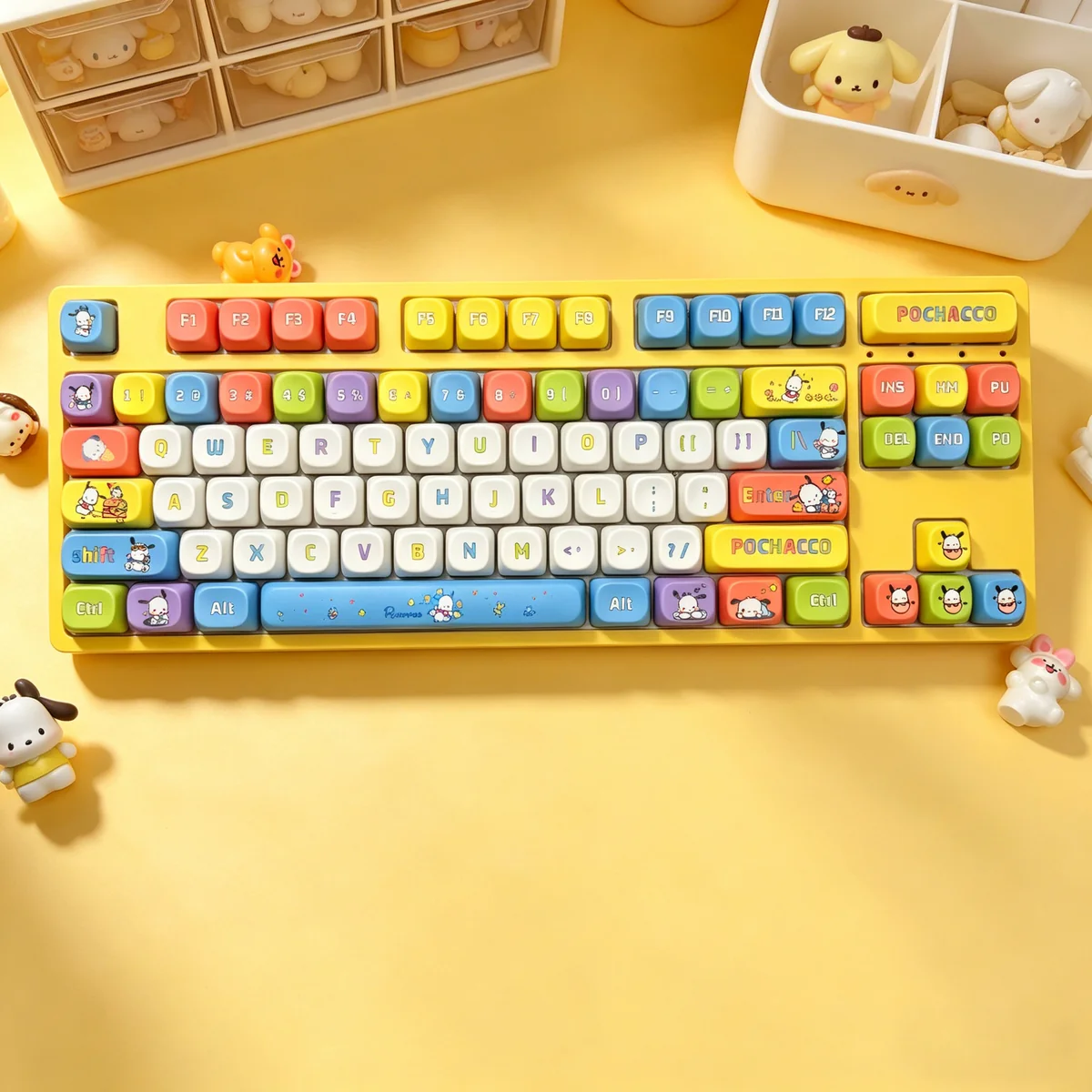 Pochacco's Playful Charm: Adorable Sanrio PBT MOA keycaps set, featuring cute Pochacco designs for a joyful and charming keyboard aesthetic.