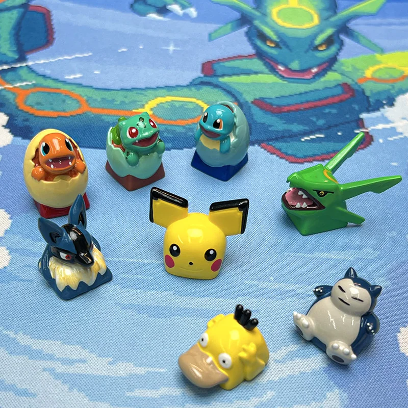 Vibrant artisan Pokemon hatching resin ESC keycap showcased from multiple angles, highlighting its intricate handcrafted details and charming desktop.