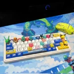 Artistic close-up of a handcrafted Pokemon keycap, showing a vibrant Pokemon character hatching from a detailed resin egg, an exquisite custom ESC key.