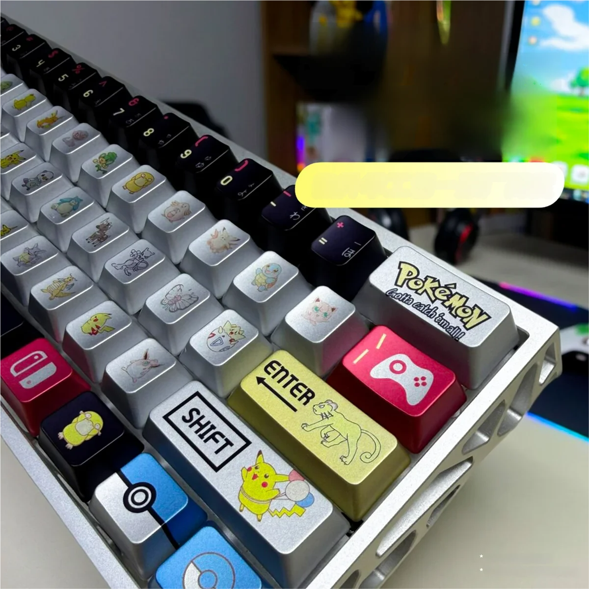 A playful, vibrant close-up of a premium metallic Pokemon artisan keycap set, showcasing its sleek, durable finish from a new angle for collectors.