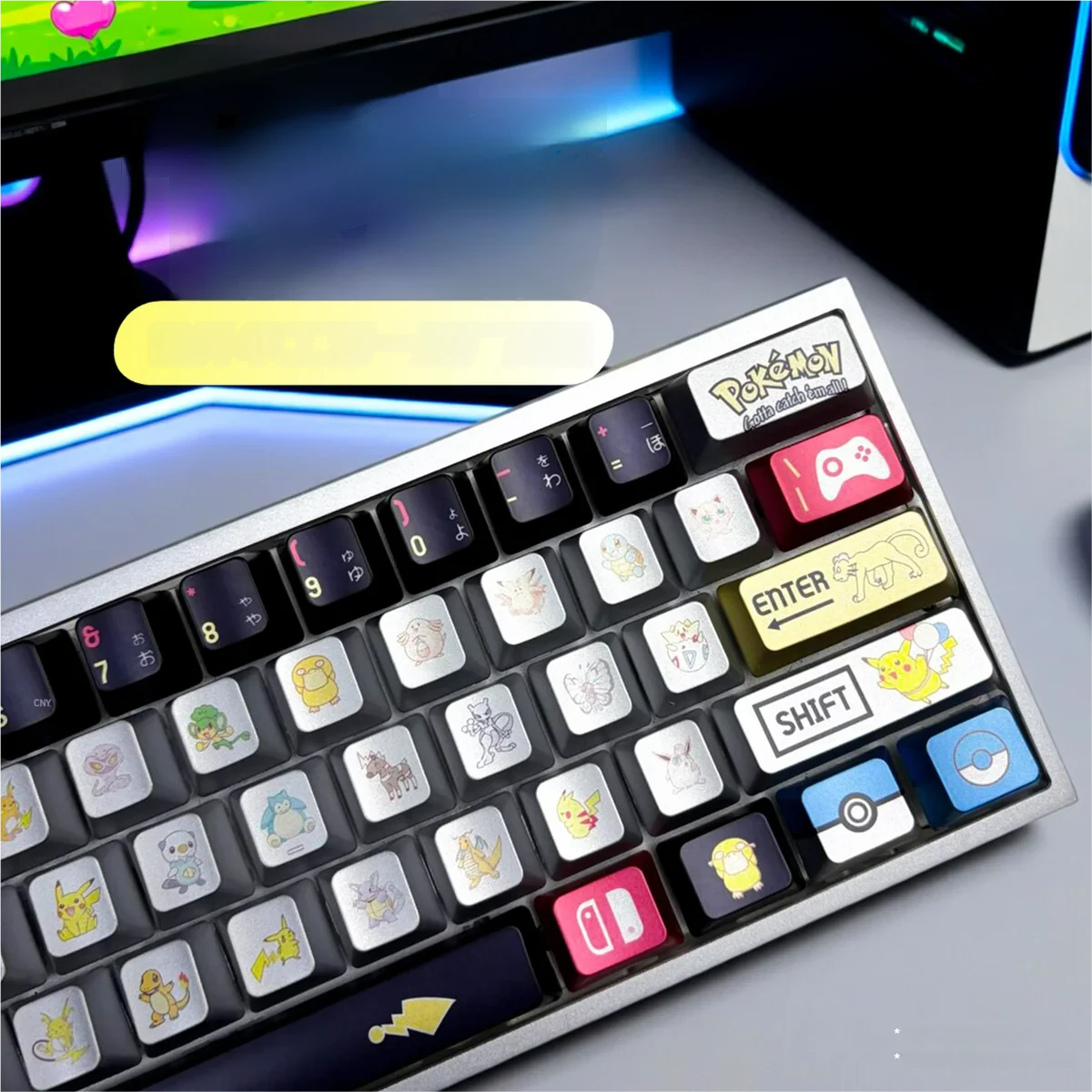 A gallery of vibrant metallic Pokemon artisan keycaps set, showcasing Pikachu from multiple playful angles, highlighting their premium collectible set.