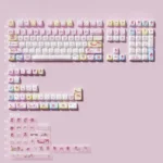 A playful gallery view of the iconic My Melody PBT backlit dye-sub keycap set, showcasing pastel pinks and whimsical character designs from various angle.