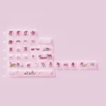 Playful gallery of My Melody PBT backlit dye-sub keycaps set, featuring whimsical pastel pinks and translucent legends for custom mechanical keyboards.