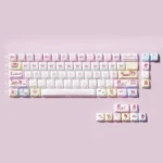 Whimsical My Melody 74-key PBT dye-sub keycap set, featuring pastel pinks and translucent legends, perfect for 60-65-68% backlit keyboards.