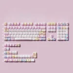 Whimsical My Melody 140-key PBT dye-sub keycap set, featuring iconic pastel pink characters and translucent legends for backlit keyboards.