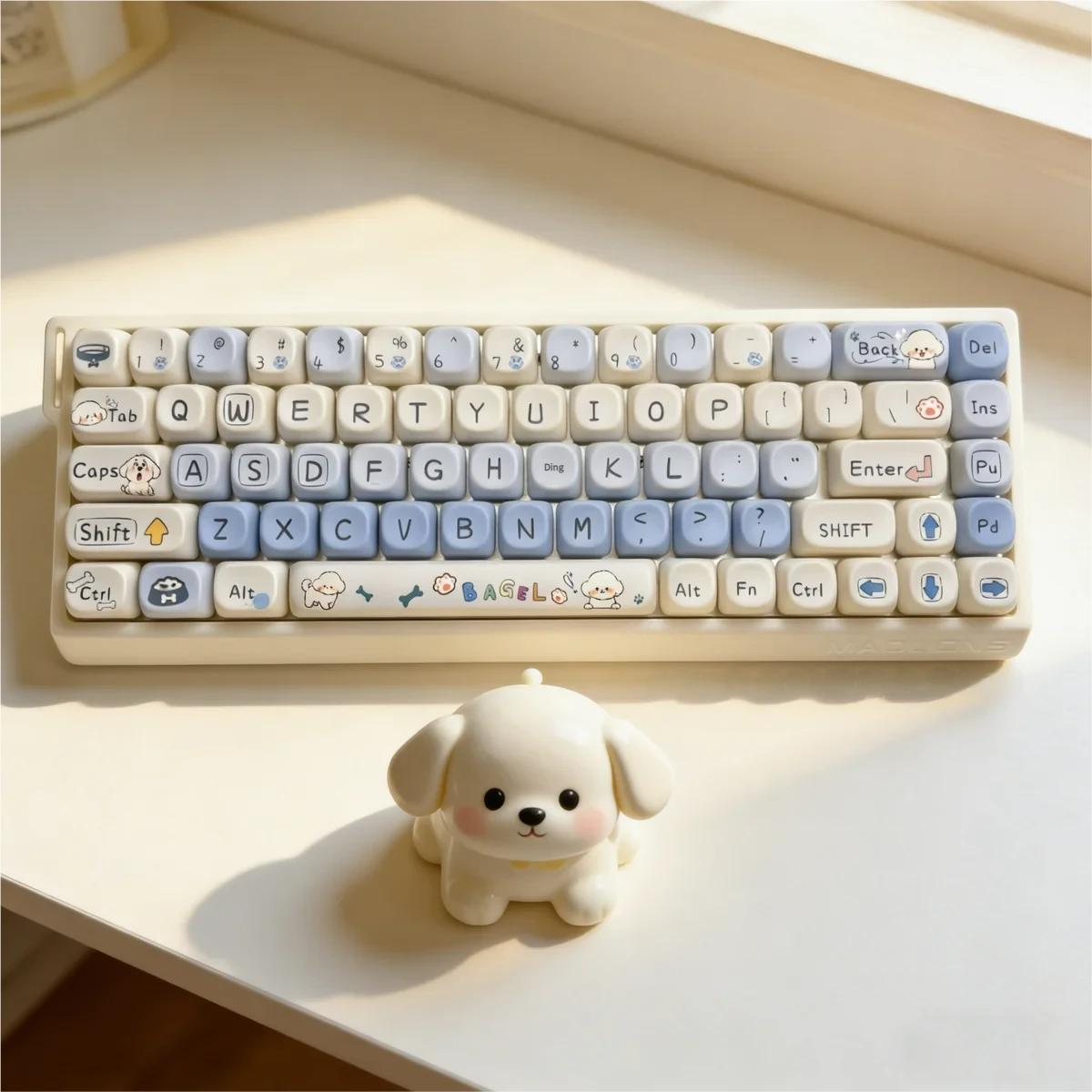 Whimsical Puppy Bagel Keycaps set, showcasing unique puppy and bagel illustrations in soft colors. Durable PBT MOA profile for a playful keyboard.