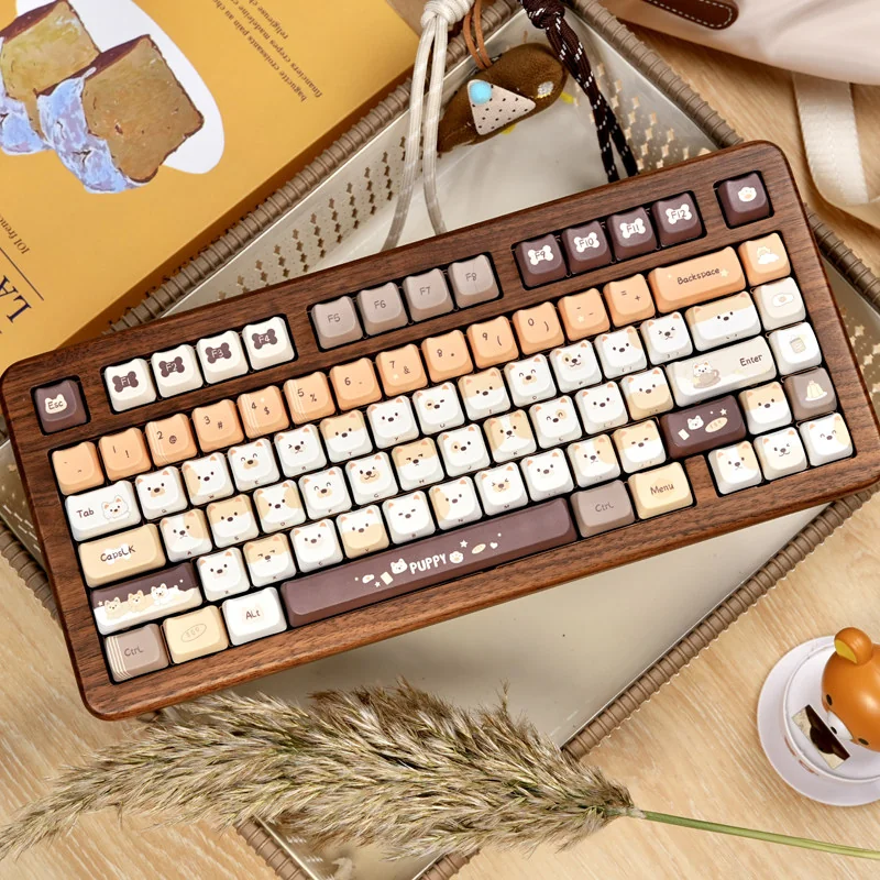 Puppy Squad MAO Keycap Set for mechanical keyboards, showcasing vibrant cartoon characters from various angles for playful customization.