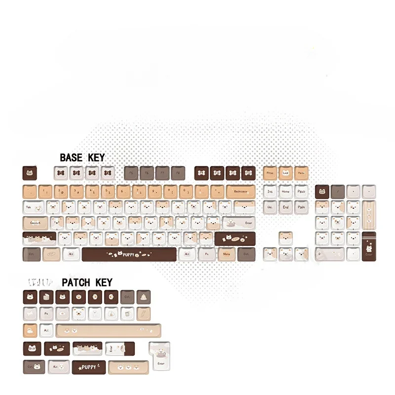 Puppy Squad MAO Keycap Set for mechanical keyboards, showcasing vibrant animal details from multiple playful angles.