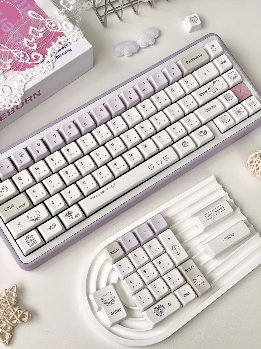 Purple Dazed Cat Series Keycap Set displayed from multiple angles, featuring charming minimalist cat designs in pastel and vibrant colors with diverse professional setup.