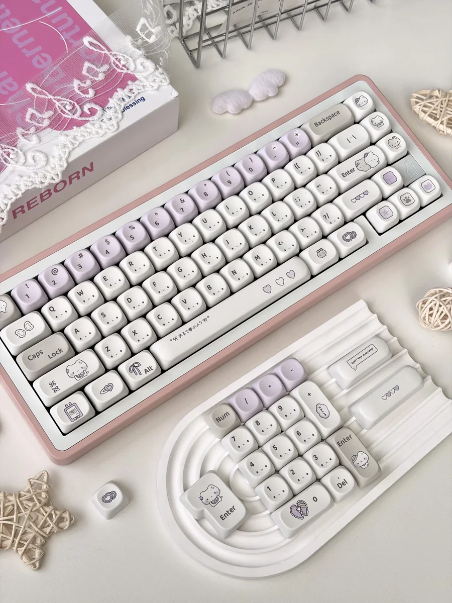 Purple Dazed Cat Series Keycap Set showcasing various profiles and charming minimalist cat designs in pastel and vibrant colors for a playful keyboard.