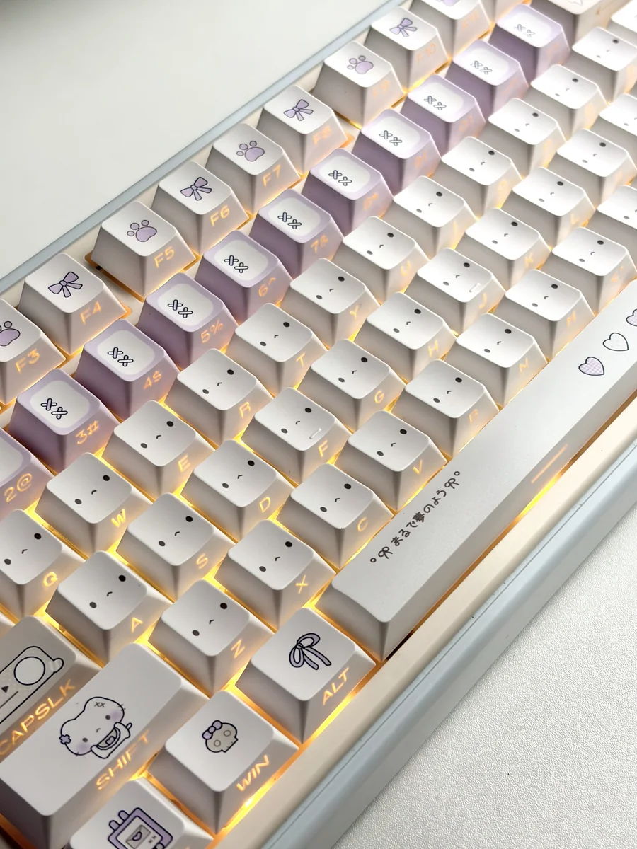 Purple Dazed Cat Series Keycap Set, various angles, showcasing adorable minimalist cat designs and diverse profiles in playful pastel and vibrant colors.