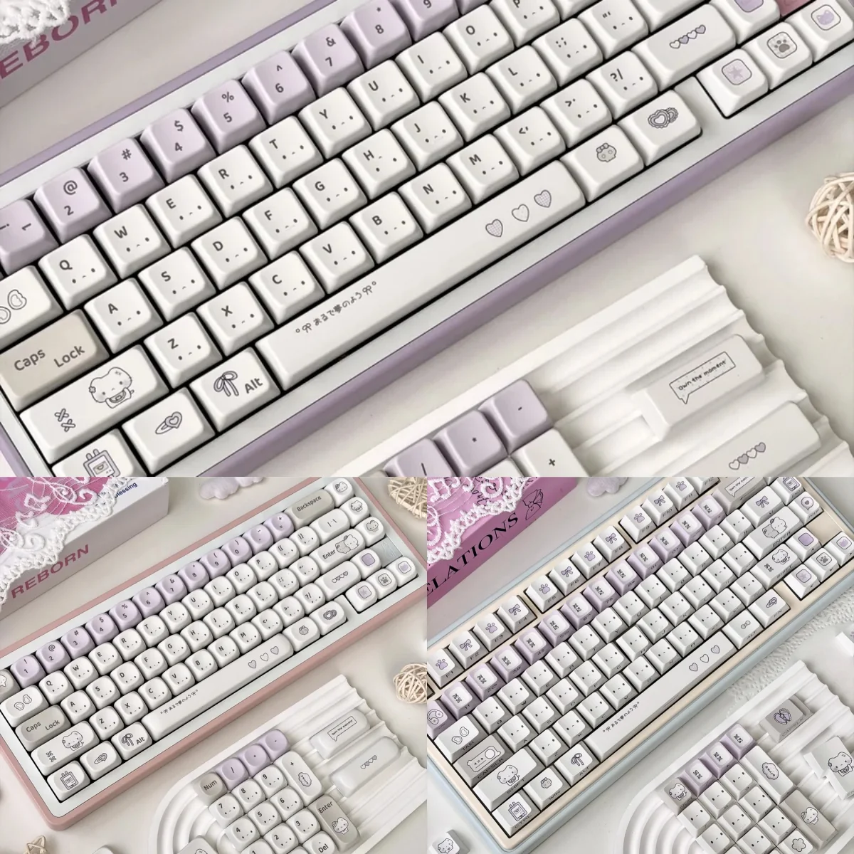 Purple Dazed Cat Series Keycap Set on a keyboard, featuring adorable minimalist cat designs in playful pastel hues. Enhance your keyboard's personality!