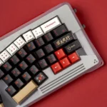 Vibrant red and black Red Fox PBT keycaps set for mechanical keyboards. Multiple views of stylized Japanese fox art and durable legends.