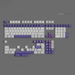 A close-up view of vintage retro camera PBT dye-sub keycaps set, showcasing their muted design with subtle purple accents from multiple angle.
