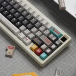 Explore the distinct retro synthesizer keycaps set from various angles, highlighting their intricate vintage synth design and wide compatibility.