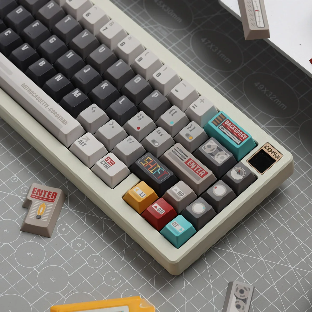 Explore the distinct retro synthesizer keycaps set from various angles, highlighting their intricate vintage synth design and wide compatibility.