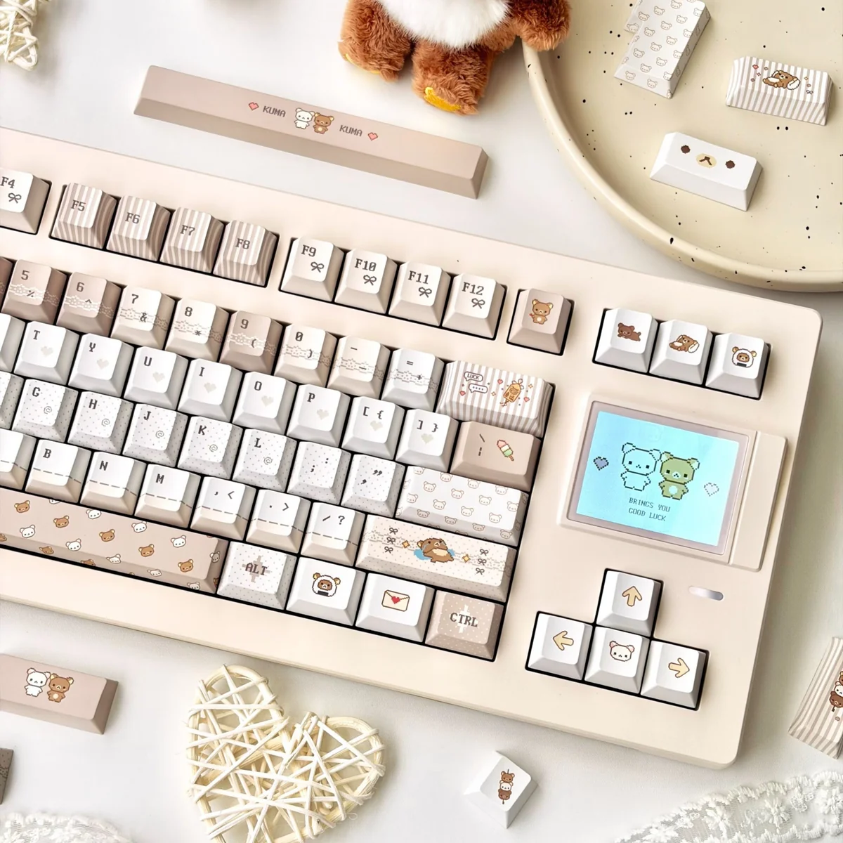 A playful gallery showcasing the charming pixelated Rilakkuma PBT Dye-Sub Keycap Set from various angles, highlighting its whimsical characters charm.