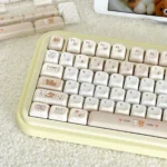 Pixel Rilakkuma PBT dye-sub keycaps set, showcasing charming pixelated Rilakkuma and Kaoru designs from multiple angles, perfect for a playful keyboard.