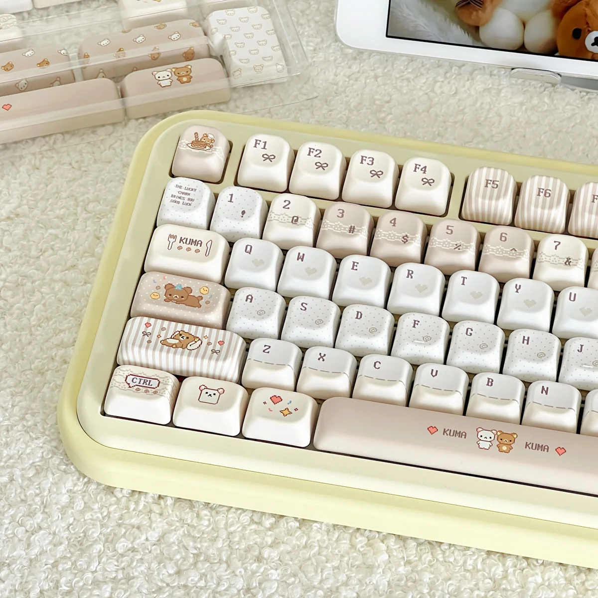 Pixel Rilakkuma PBT dye-sub keycaps set, showcasing charming pixelated Rilakkuma and Kaoru designs from multiple angles, perfect for a playful keyboard.